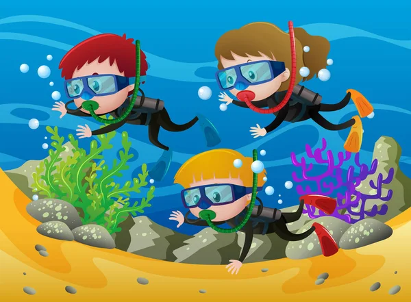Tres niños buceando bajo el mar — Vector de stock