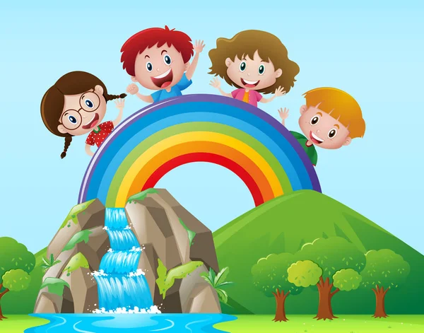 Vier Kinder auf dem Regenbogen — Stockvektor