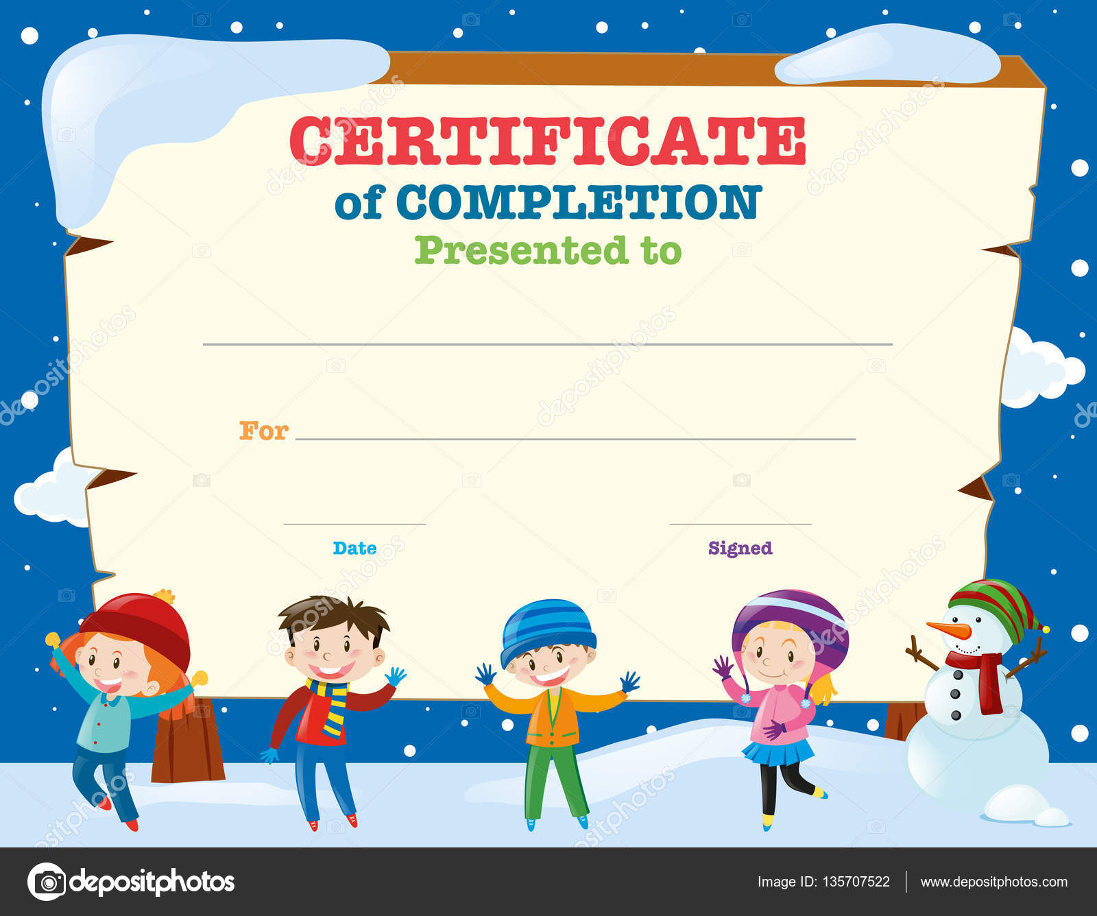 Certificate template with kids in the snow Stock Vector Image by For Free Printable Certificate Templates For Kids