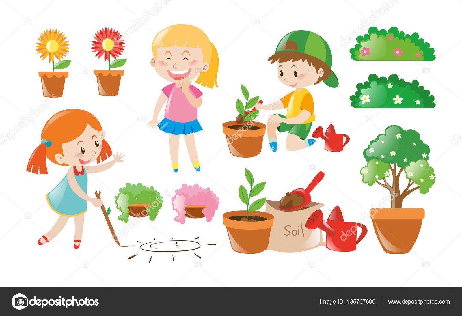 Niño y niña haciendo el trabajo de jardín Vector de stock #135707600 de  ©brgfx, image size:1600x1095
