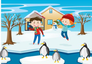 Çocuklar ve penguen ile kış manzara