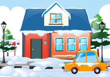 Ev ve araba tarafından kar kaplı ile sahne