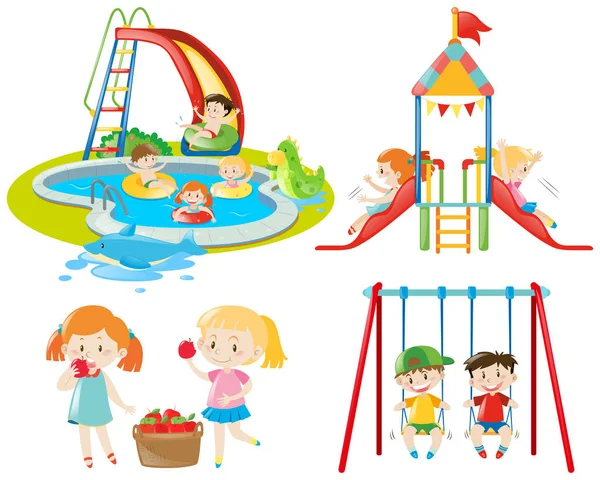 Muchos niños jugando en el parque infantil y en la piscina — Archivo Imágenes Vectoriales