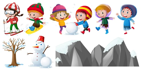 孩子们在雪地里玩耍 — 图库矢量图片