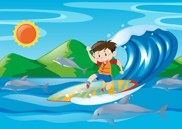 Niño surfeando en la ola gigante — Vector de stock