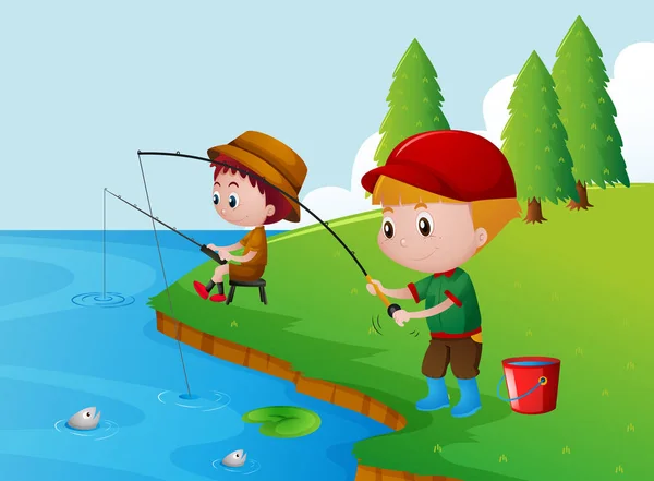 Dois rapazes a pescar junto ao rio — Vetor de Stock