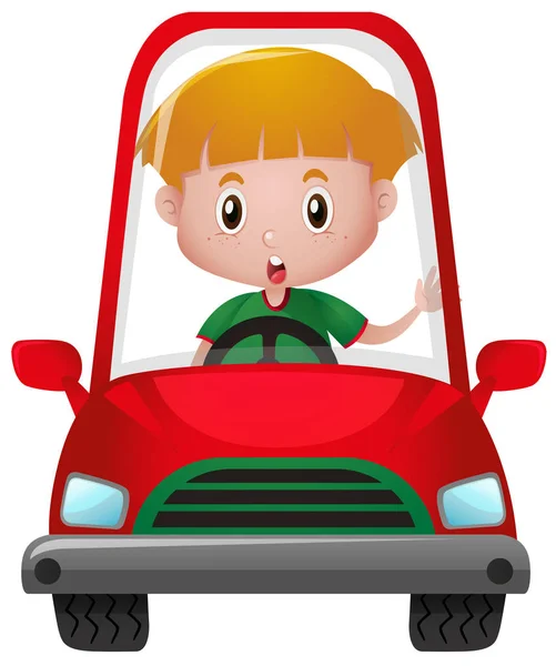 Petit garçon conduisant en voiture rouge — Image vectorielle