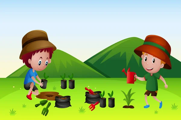 Двоє хлопчиків поливають і саджають дерево в полі — стоковий вектор