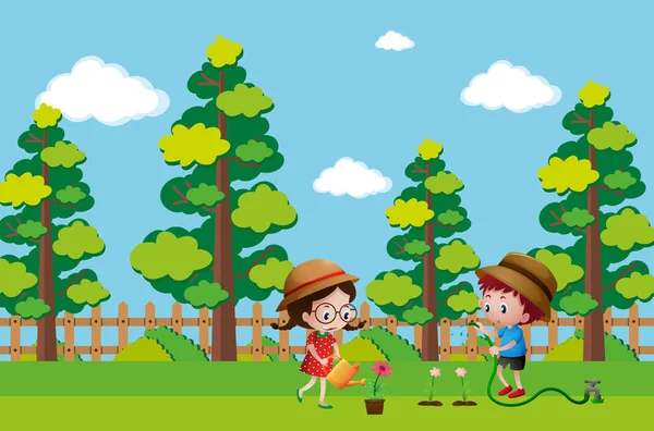 Niños riego planta en el jardín — Vector de stock