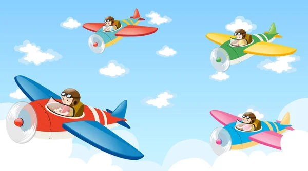Escena con cuatro pilotos volando avión — Vector de stock