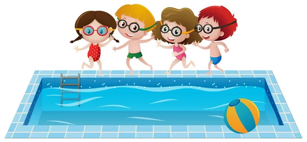 Cuatro niños junto a la piscina — Archivo Imágenes Vectoriales