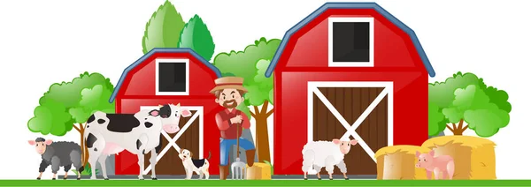 Farm jelenetet a mezőgazdasági termelő és a sok állat — Stock Vector