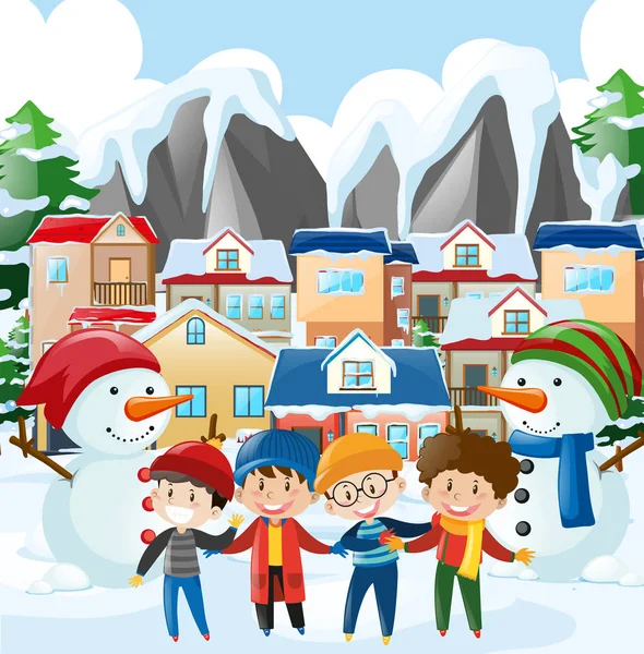 Escena de barrio con cuatro chicos en ropa de invierno — Archivo Imágenes Vectoriales