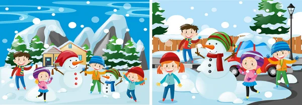 雪で遊ぶ子供たち — ストックベクタ