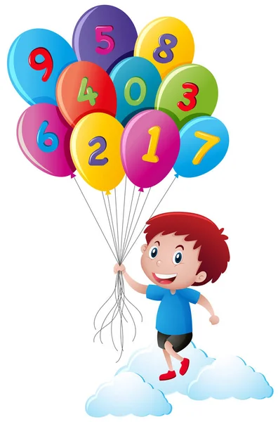 Niño sosteniendo globos con números — Vector de stock