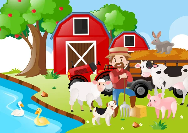 Фермерська сцена з фермером і тваринами біля річки — стоковий вектор