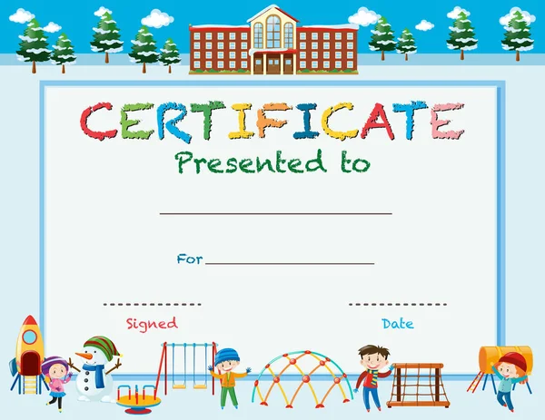 Templat sertifikasi dengan anak-anak di tempat bermain - Stok Vektor