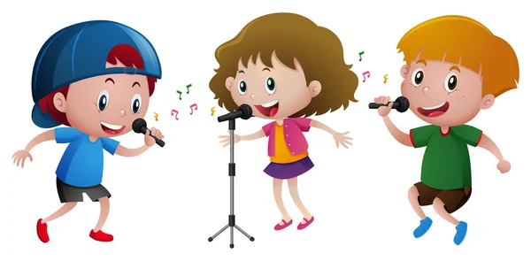 Drei Kinder singen am Mikrofon — Stockvektor