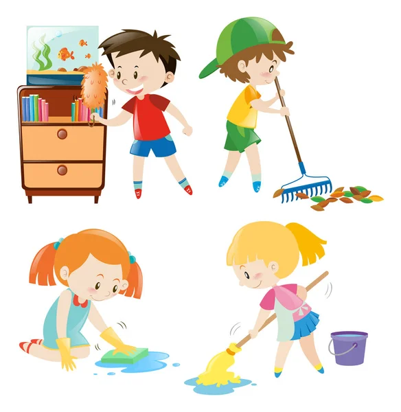 Четверо детей выполняют разные домашние обязанности — стоковый вектор