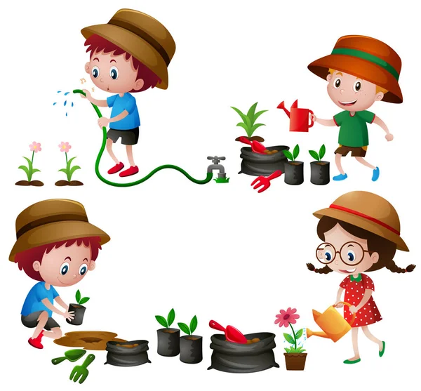 Four kids watering and planting trees Stock Illustration