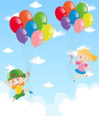 İki çocuk balon gökyüzünde holding