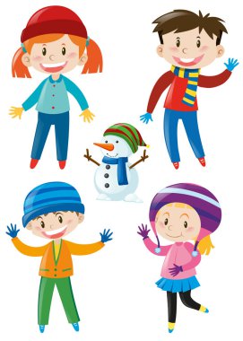 Çocuklar kış giysileri ve kardan adam