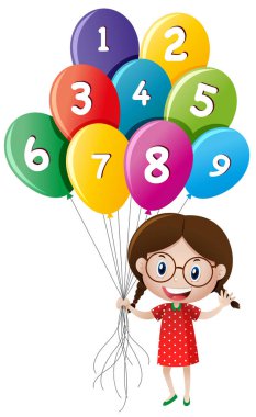 Sevimli kız numaraları balonlarla holding