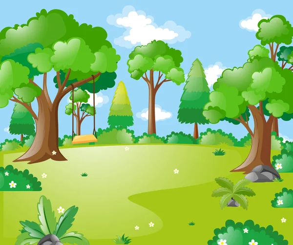 Park scène met veel bomen en swing — Stockvector