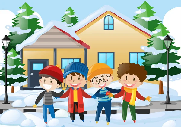 Vier Jungen stehen auf der schneebedeckten Straße — Stockvektor