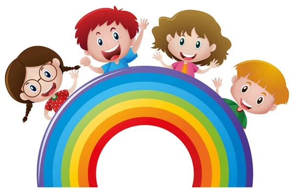 4 人の子供とカラフルな虹 — ストックベクタ