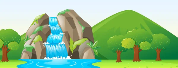 Escena con cascada y bosque — Vector de stock