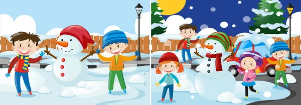 Duas cenas com crianças brincando com neve —  Vetores de Stock