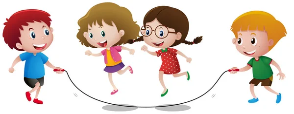 Quatro crianças jogando corda de salto —  Vetores de Stock