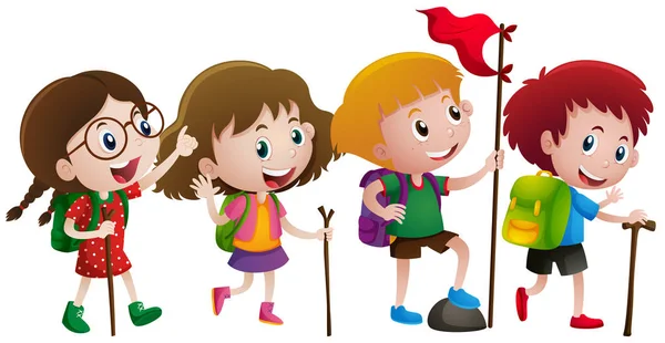 Quatre enfants avec bâton de marche — Image vectorielle