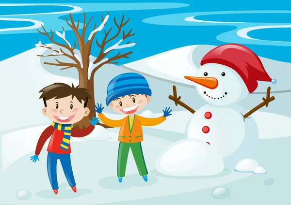 Meninos e boneco de neve no campo de neve —  Vetores de Stock