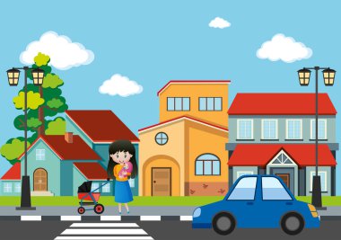 Anne ve bebek geçerken yol şehir
