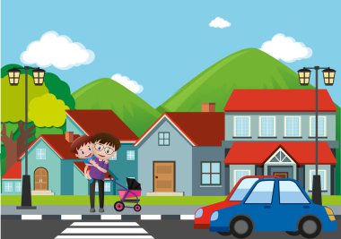 Adam ve oğlan geçiş yolu ile mahalle manzara