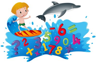 Okyanus numaraları ile sörf tahtası üzerinde çocuk