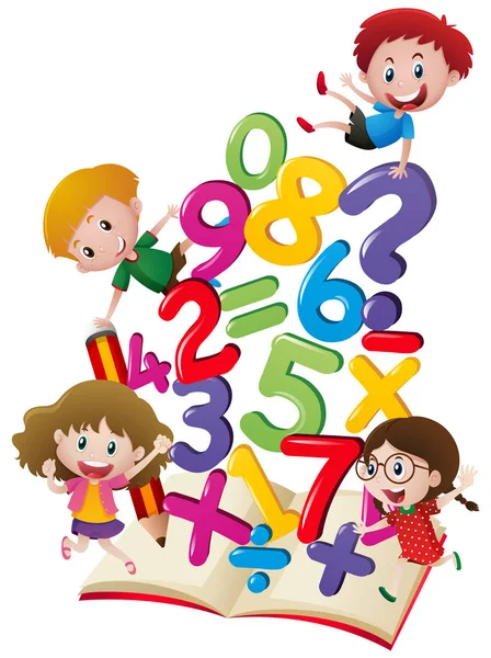Muchos niños con números en el libro — Archivo Imágenes Vectoriales