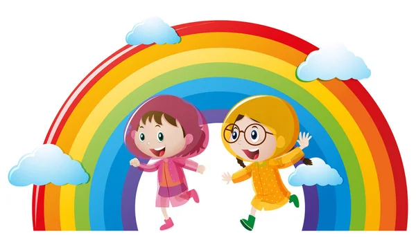 Två flickor i regnrock kör med regnbåge i bakgrunden — Stock vektor