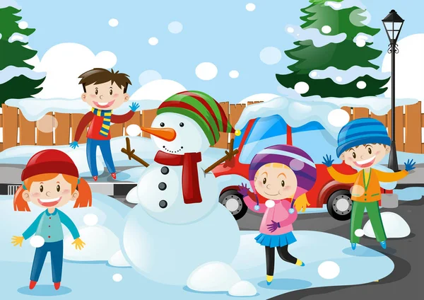 多くの子供たちが雪の中に立っています。 — ストックベクタ