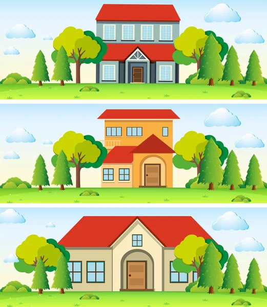 Trois scènes avec maison sur le terrain — Image vectorielle