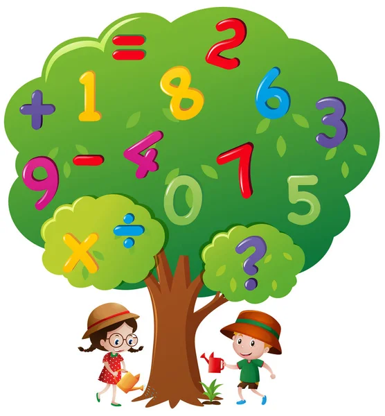 Παιδιά πότισμα το δέντρο με τους αριθμούς — Διανυσματικό Αρχείο