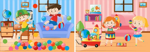 Two scenes of kids playing in the living room — Stock Vector