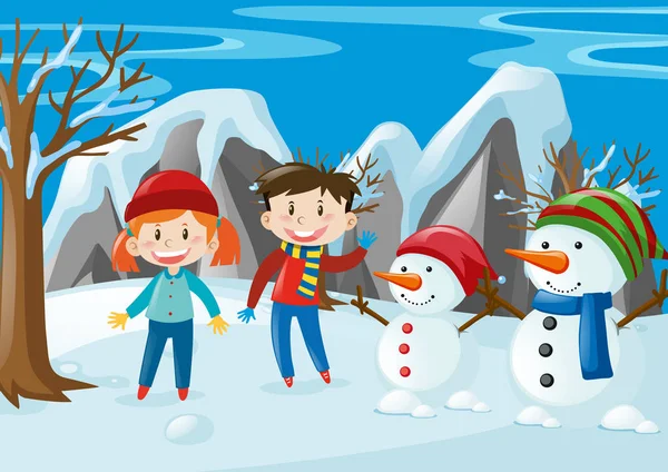 Two kids and two snowmen in the field — Stock Vector