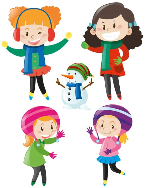 Cuatro chicas en ropa de invierno colorida — Archivo Imágenes Vectoriales