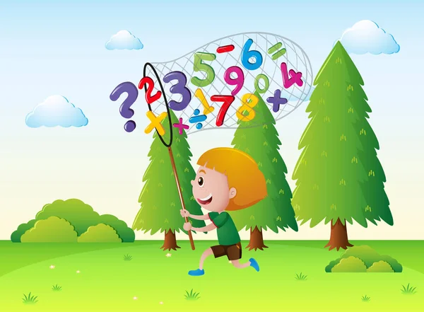 Μικρό αγόρι αλίευση αριθμούς στο πάρκο — Διανυσματικό Αρχείο