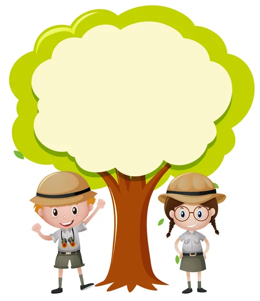 Grenzschablone mit Junge und Mädchen unter dem Baum — Stockvektor