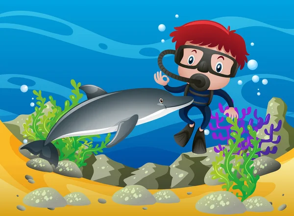 Chico buceando bajo el océano con delfines — Vector de stock