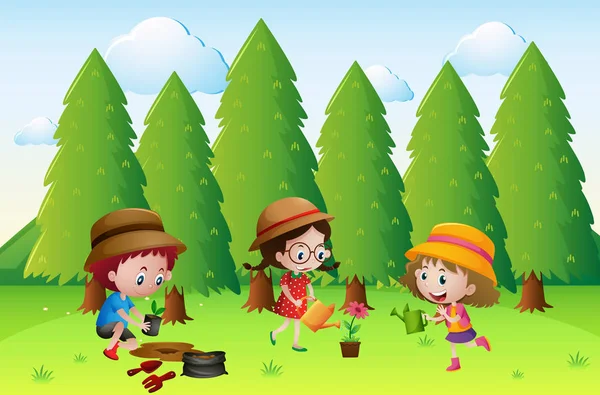 Tres niños plantando y regando las flores — Vector de stock